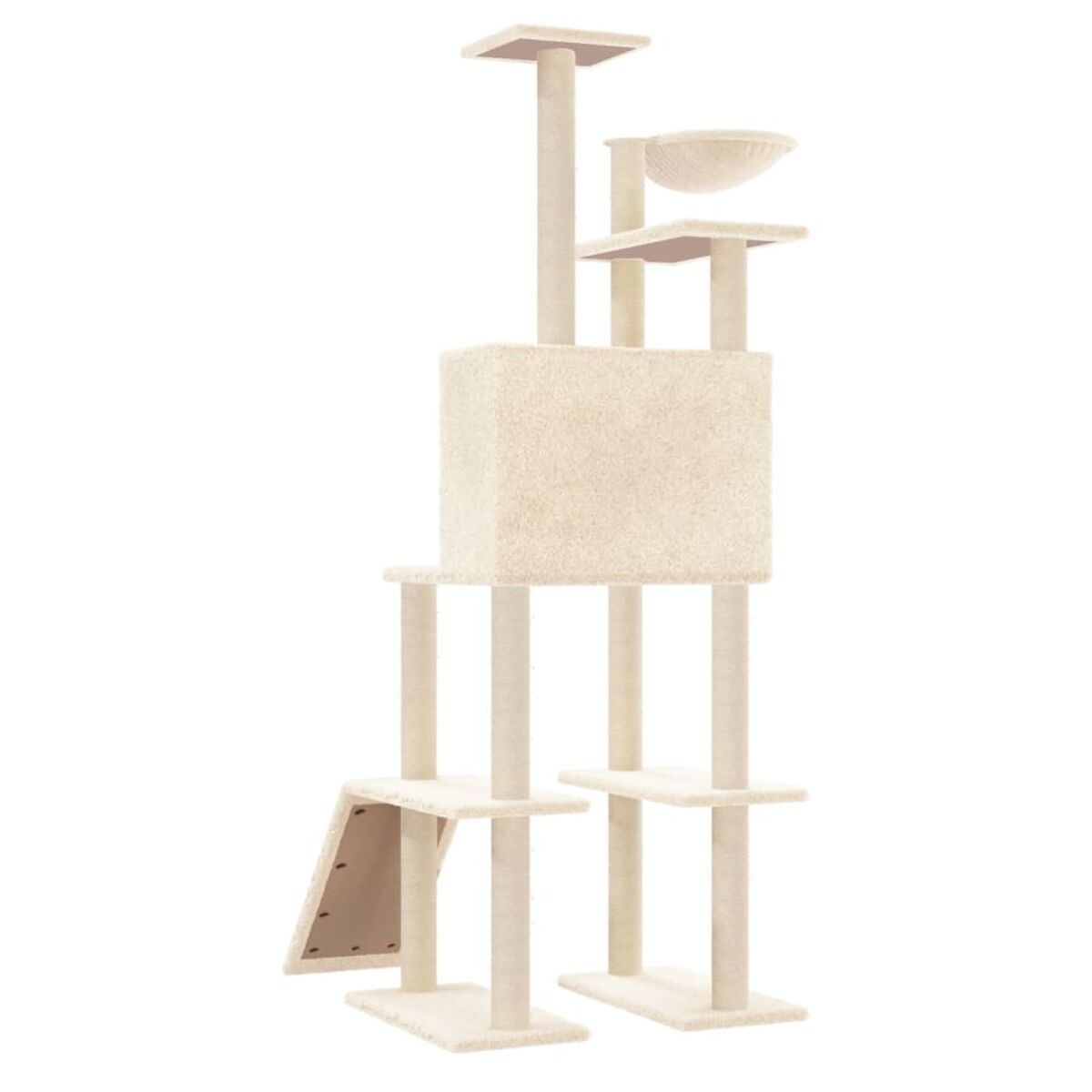 Beiger Katzenbaum mit Plattformen, Würfel und Schale. Weißer Hintergrund, mehrere Ebenen zum Klettern.