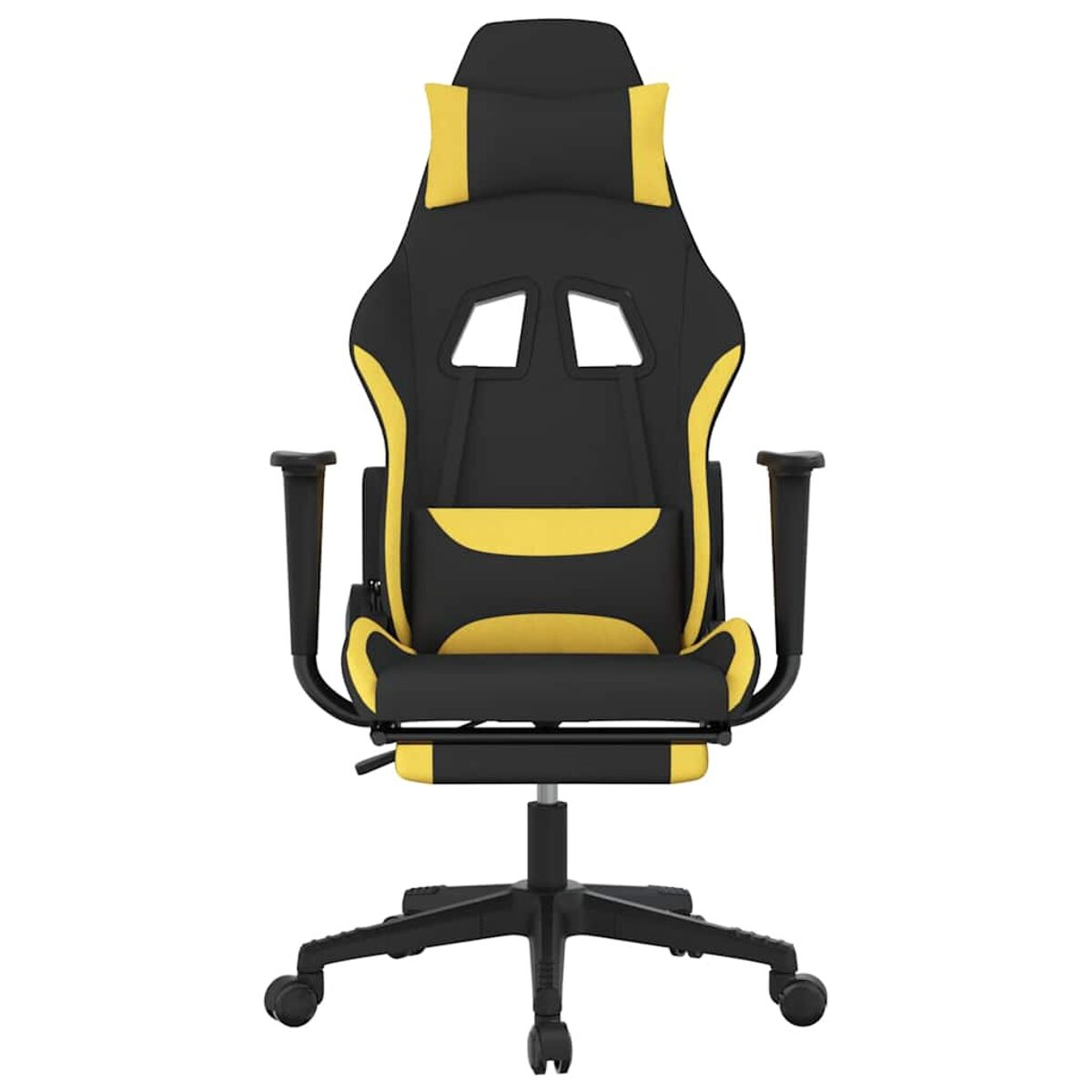 Vorderansicht eines schwarzen und gelben Gaming-Stuhls. Räder, Basis und Kopfstütze sichtbar.
