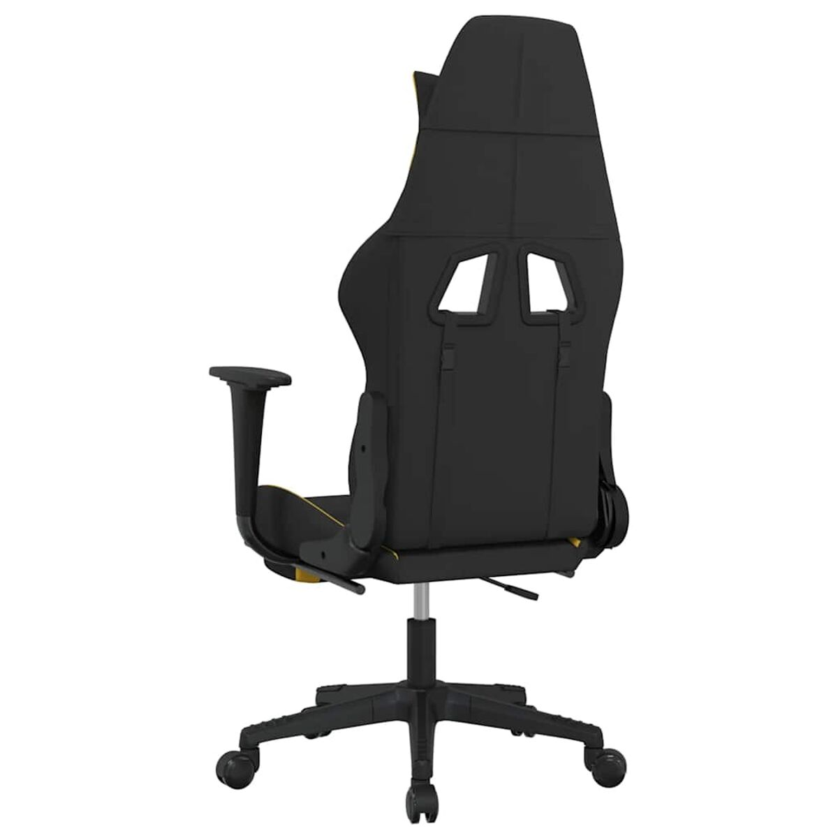 Ein schwarz-gelber Gaming-Stuhl, Rückansicht, weißer Hintergrund.