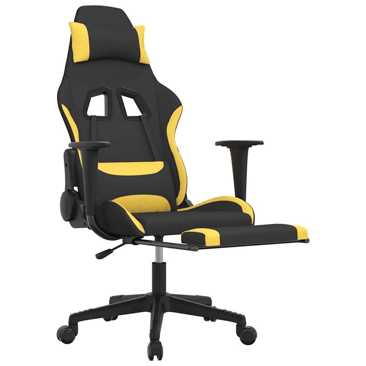 Schwarz-gelber Gaming-Stuhl mit Fußstütze, Kopfstütze, auf weißem Hintergrund.