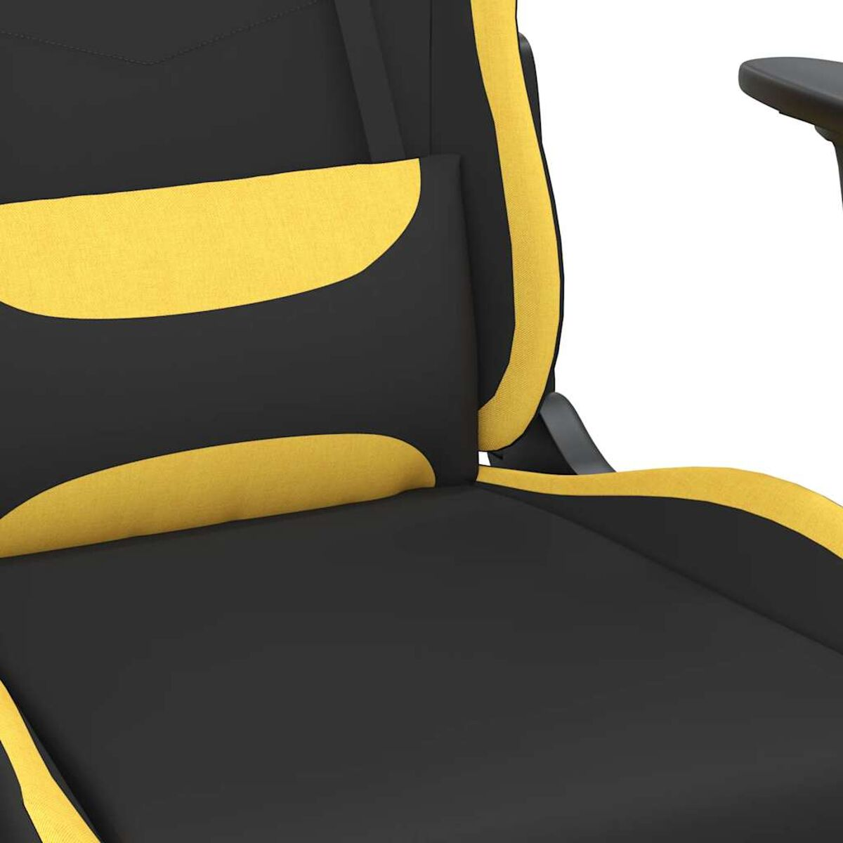 Nahaufnahme des Sitzes eines schwarz-gelben Gaming-Stuhls. Das Kissen ist sichtbar.