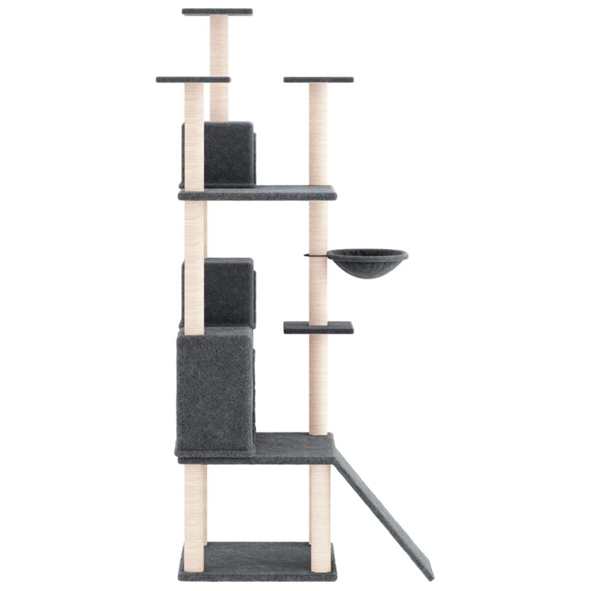 Katzenbaum mit mehreren Ebenen. Graue, beige und Holzpfosten. Hat eine Rampe und eine Schüssel.