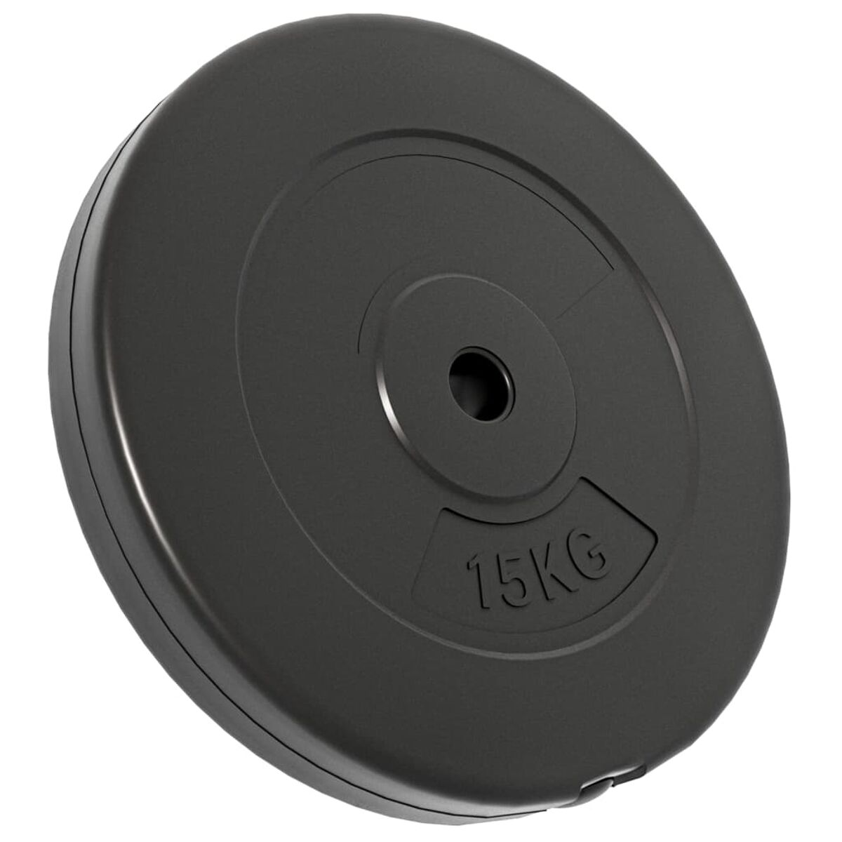 Eine schwarze 15KG-Gewichtsscheibe mit kreisförmigem Design. Das Gewicht ist aufgedruckt.