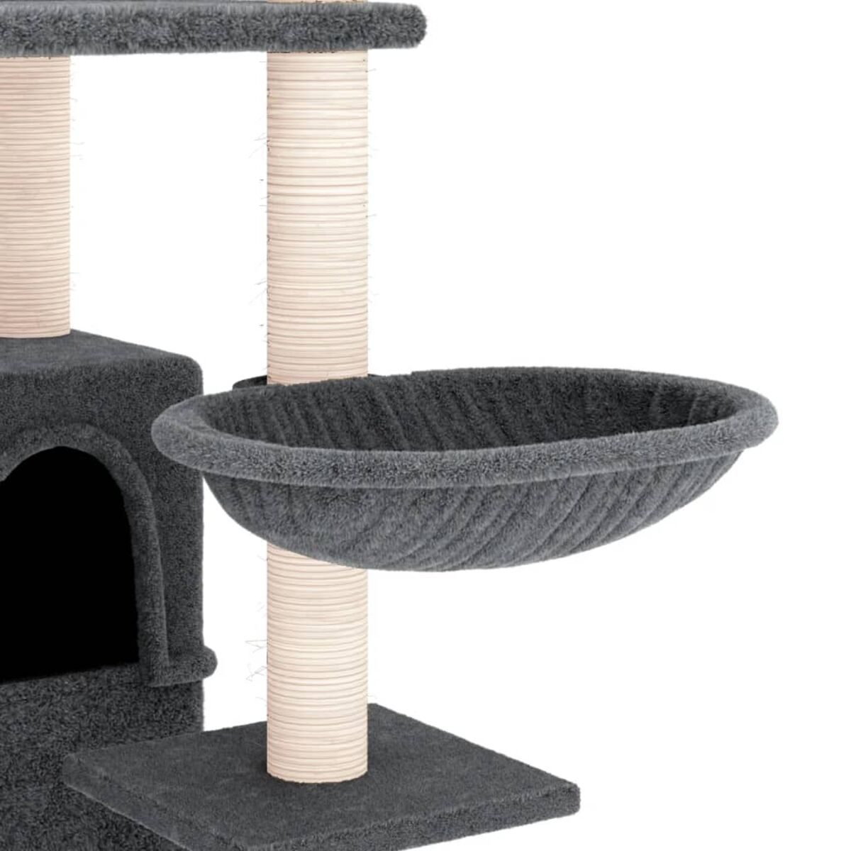 Katzenbaum mit Hängekörbchen. Graue Farbe, mit Kratzbäumen.