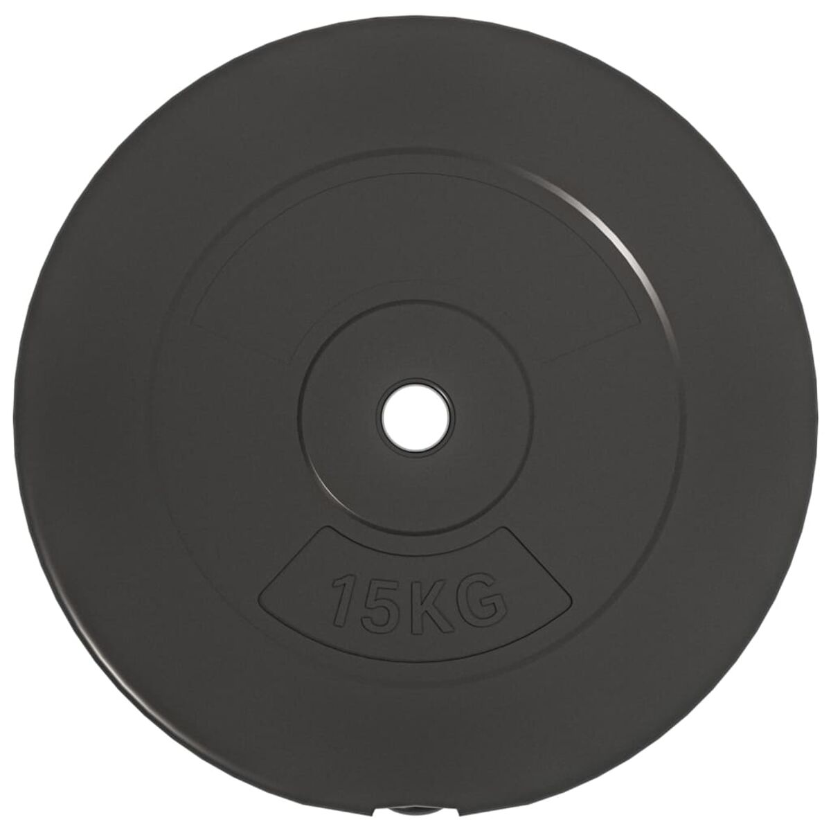 Eine schwarze Gewichtsscheibe, 15 kg. Die Scheibe ist rund mit einem Loch in der Mitte.