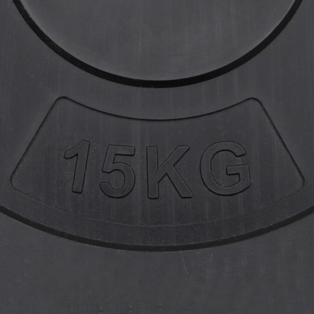 Schwarze Hantelscheibe mit der Aufschrift '15KG'. Dunkle, kreisförmige Scheibe mit erhabenem Text.