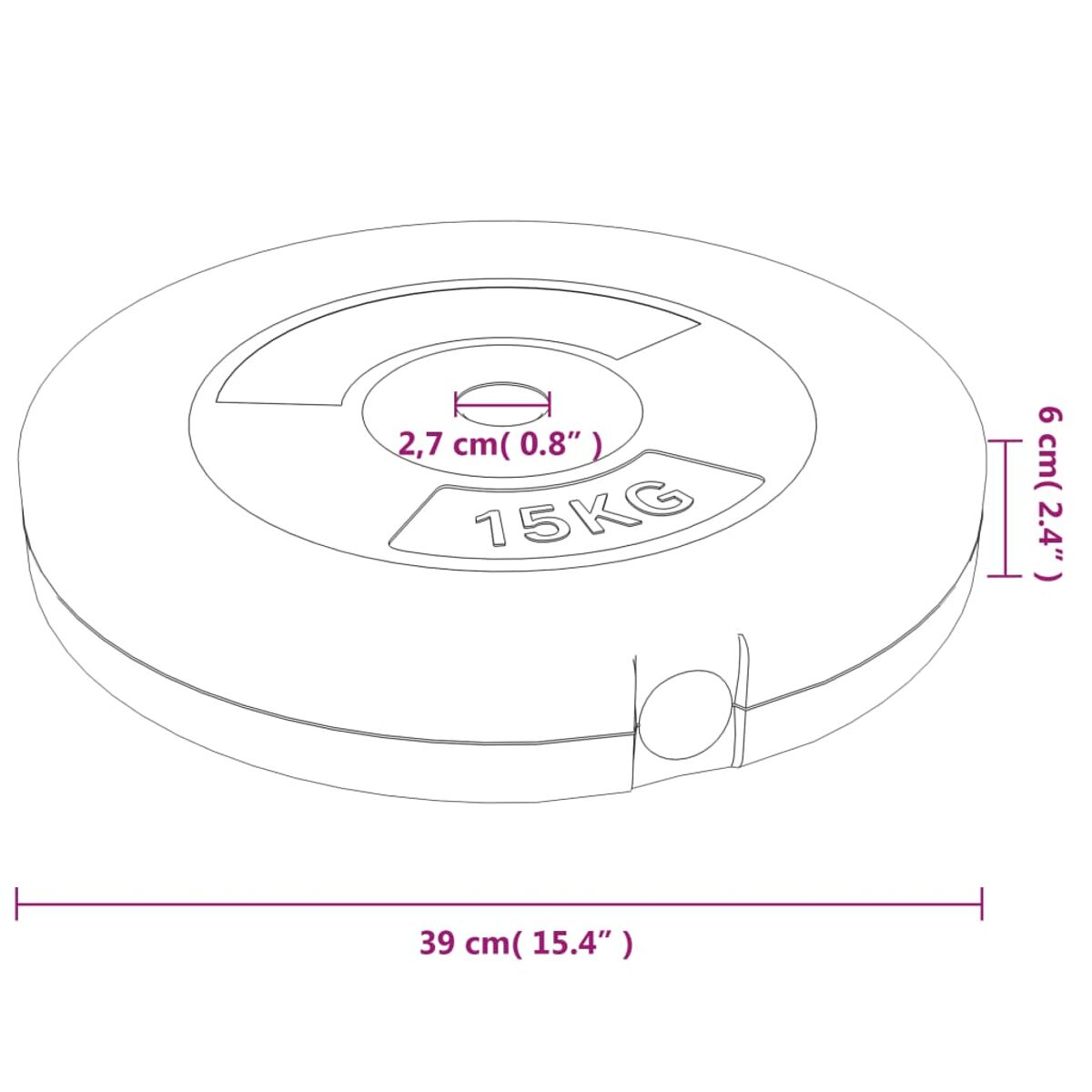 Eine 15 kg schwere Hantelscheibe, kreisförmig und grau mit Maßen. Text lautet '15KG'.