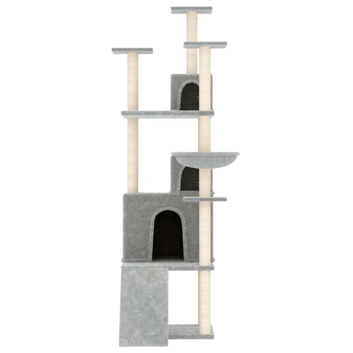 Ein hoher Katzenbaum mit mehreren Ebenen, Tunneln und Kratzbäumen.