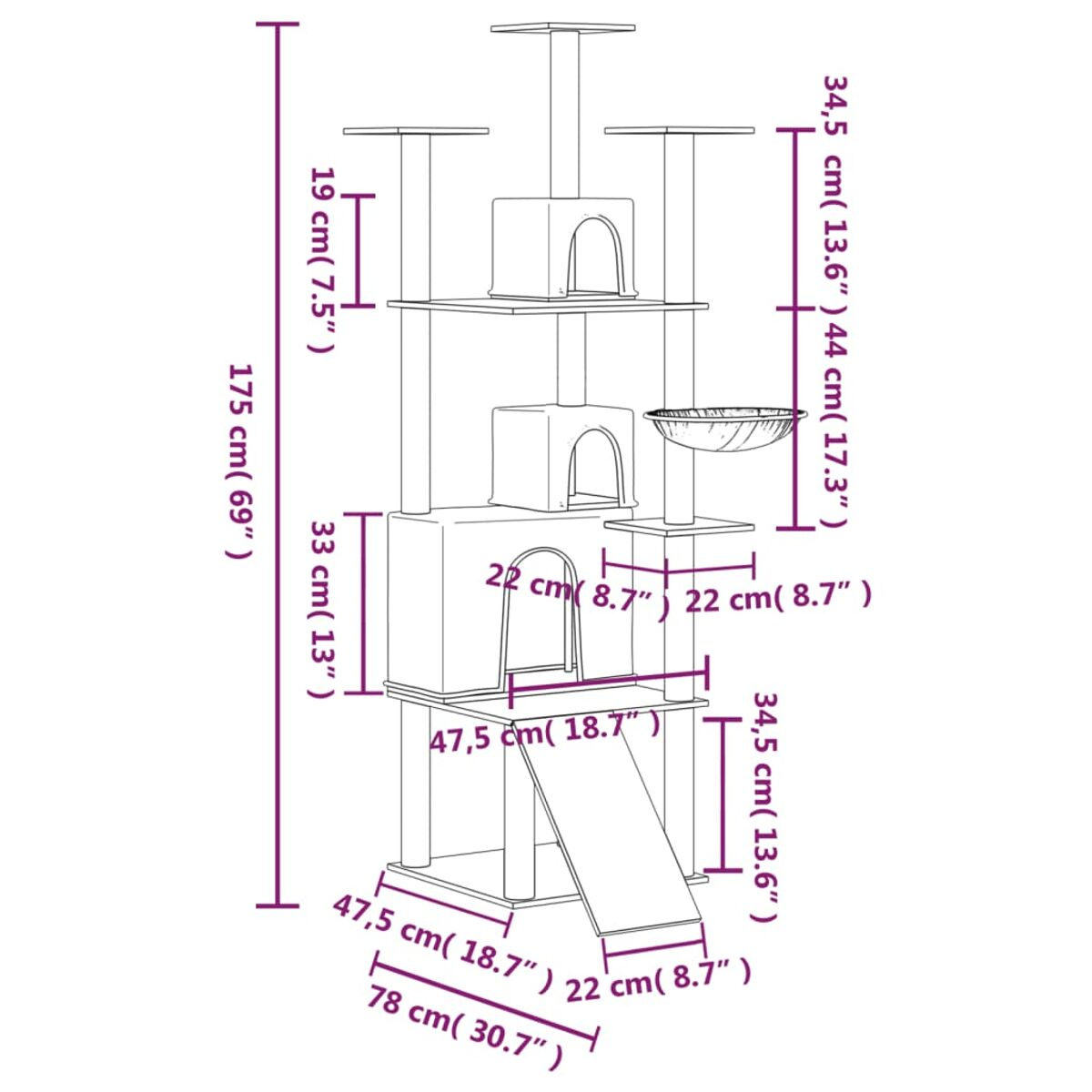 Katzenbaum mit mehreren Ebenen und Funktionen. Er hat ein Katzenhaus, Plattformen und eine Rampe. Maße sind angegeben.
