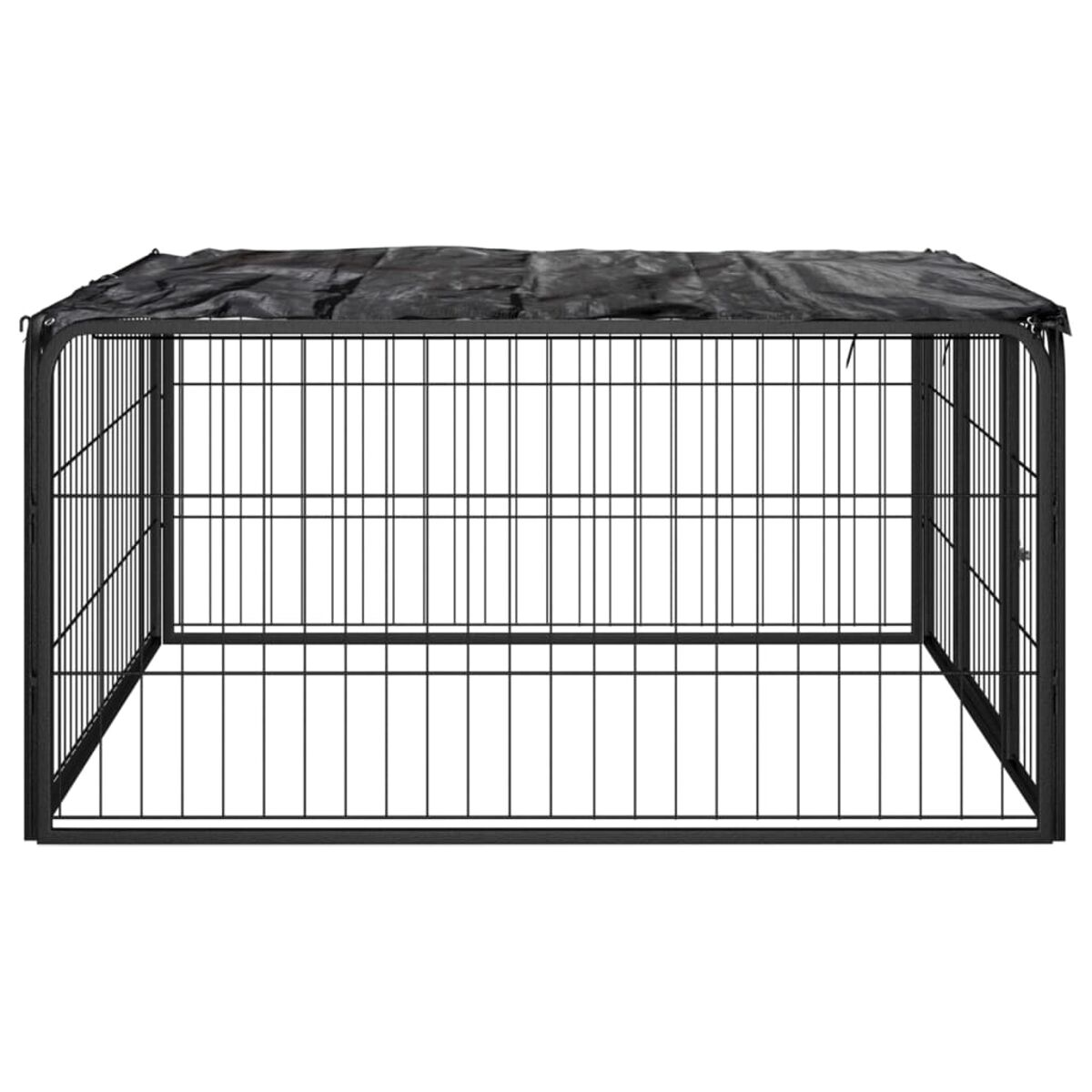 Eine schwarze Metall-Hundehütte mit einem schwarzen Stoffdach.