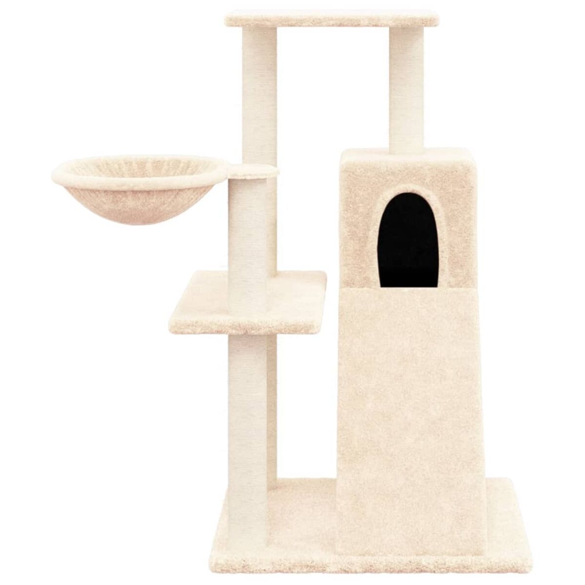 Beiger Katzenbaum mit Schale, Plattformen und Versteck. Weißer Hintergrund, mehrstöckiges Design.