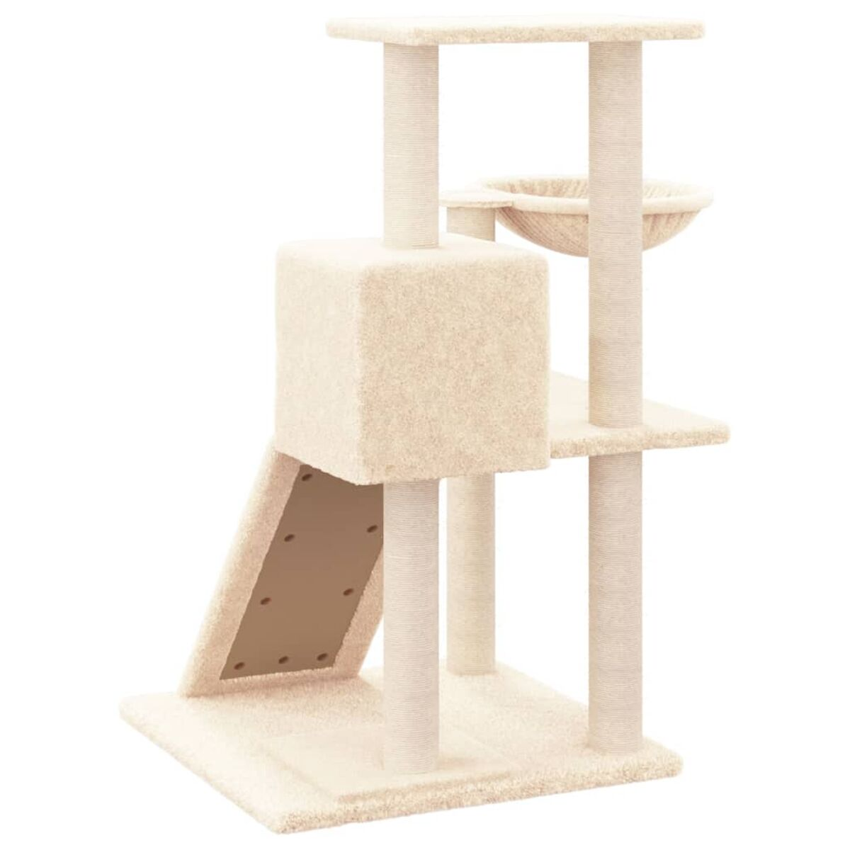 Beiger Katzenbaum mit Plattformen, Würfel, Kratzbäumen und einem Bett. Der Hintergrund ist weiß.