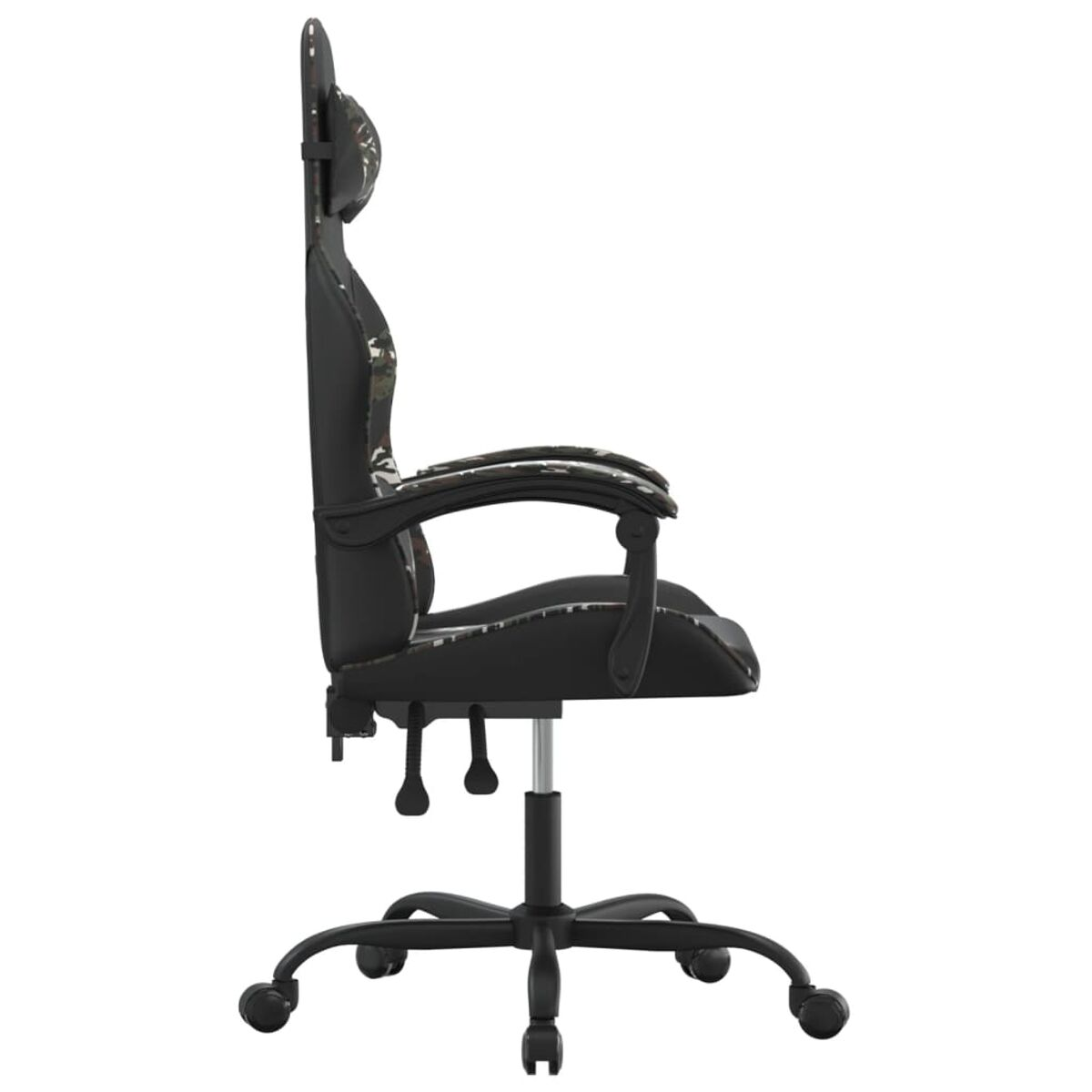 Gaming-Stuhl im Profil. Schwarz-Camouflage-Design, mit Rollen und verstellbaren Funktionen.