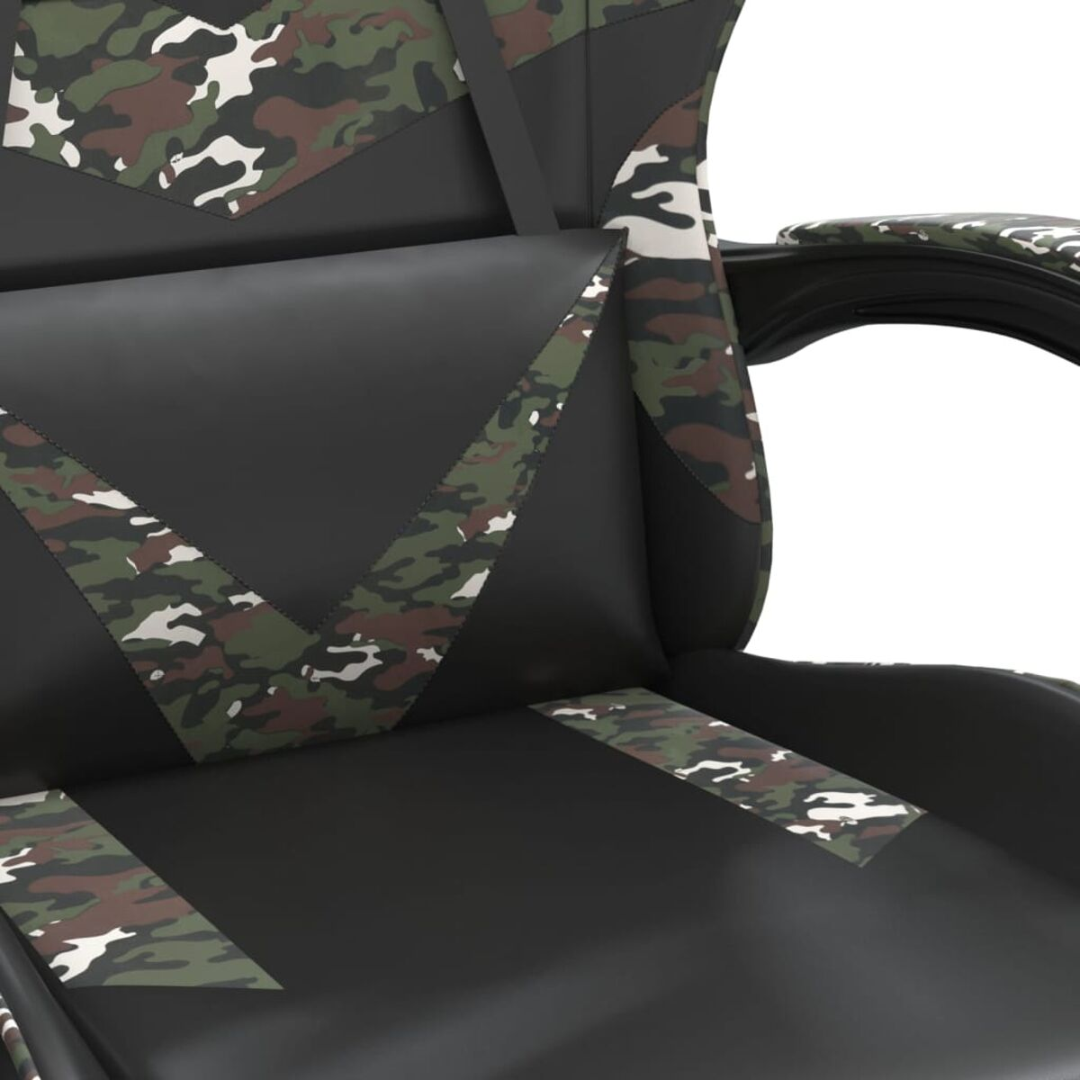 Nahaufnahme eines Gaming-Stuhls mit schwarzem Leder und Tarnmuster-Akzenten. Schwarz-grünes Farbschema.