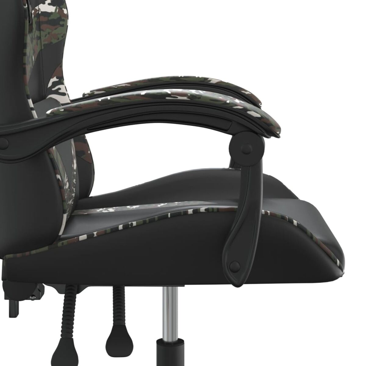 Gaming-Stuhl Seitenansicht. Schwarz mit Camouflage-Muster auf Armlehnen und Sitz.