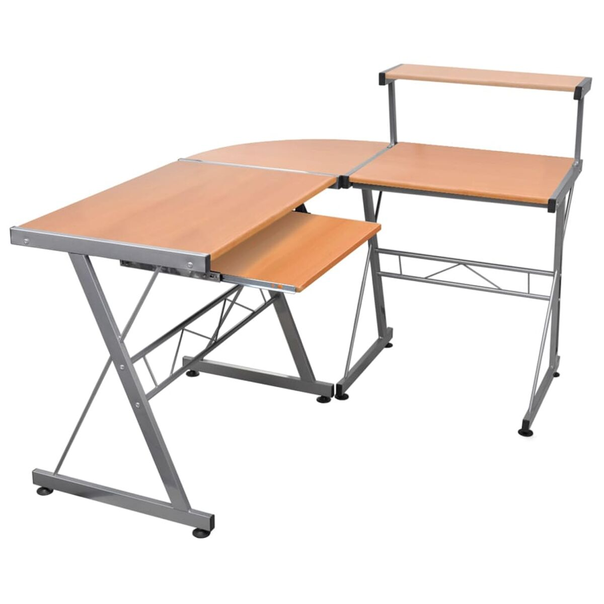 Ein Schreibtisch aus hellem Holz mit Ecke und erhöhtem Regal. Er hat ein Metallgestell.