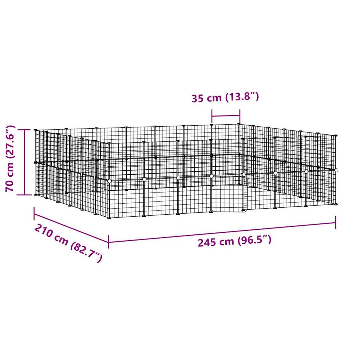 Schwarzer Draht-Hundeauslauf. Abmessungen: 245 cm (96,5") x 210 cm (82,7") x 70 cm (27,6").