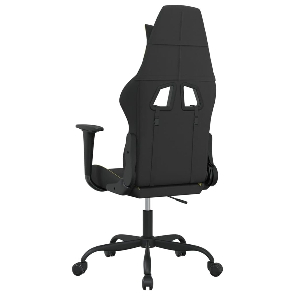 Schwarzer Gaming-Stuhl von hinten. Gelbe Akzente an den Seiten. Schwarze Basis mit Rädern. Weißer Hintergrund.