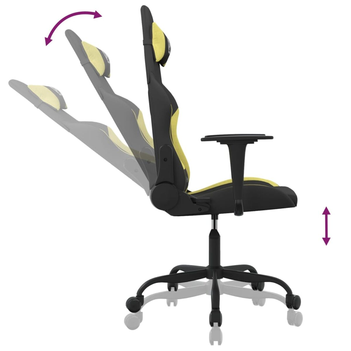 Gaming-Stuhl mit gelben Akzenten, schwarzem Fuß und durch Pfeile angezeigten, einstellbaren Funktionen.