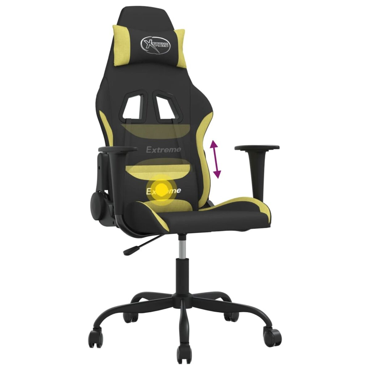Schwarzer und gelber Gaming-Stuhl mit verstellbaren Funktionen. Beschriftet 'Extreme'.