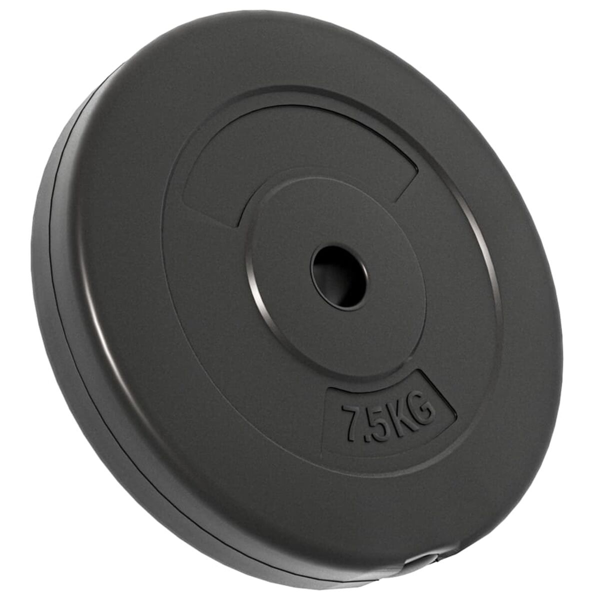 Eine schwarze 7,5 kg Hantelscheibe. Kreisförmig mit zentralem Loch. Freigestellt.