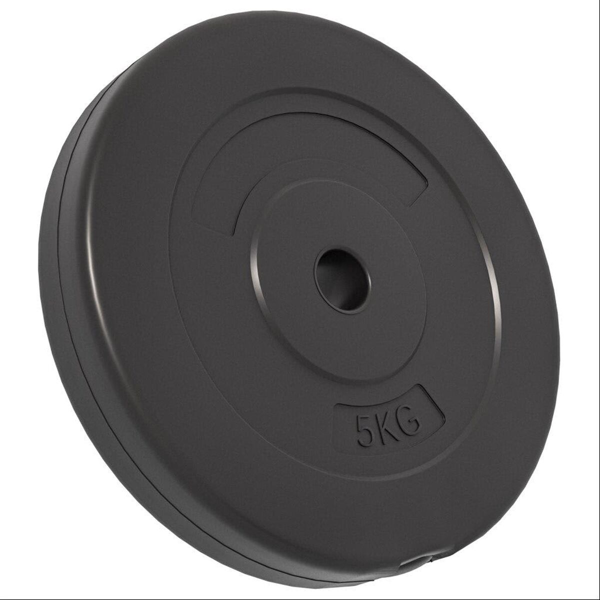 Schwarze Hantelscheibe mit 5KG-Aufschrift, runde Form, auf weißem Hintergrund.