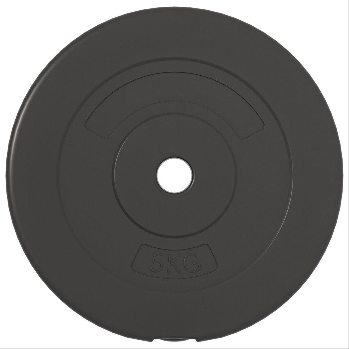 Eine schwarze 5KG-Gewichtsscheibe mit kreisförmigem Design. Das Gewicht ist aufgedruckt.