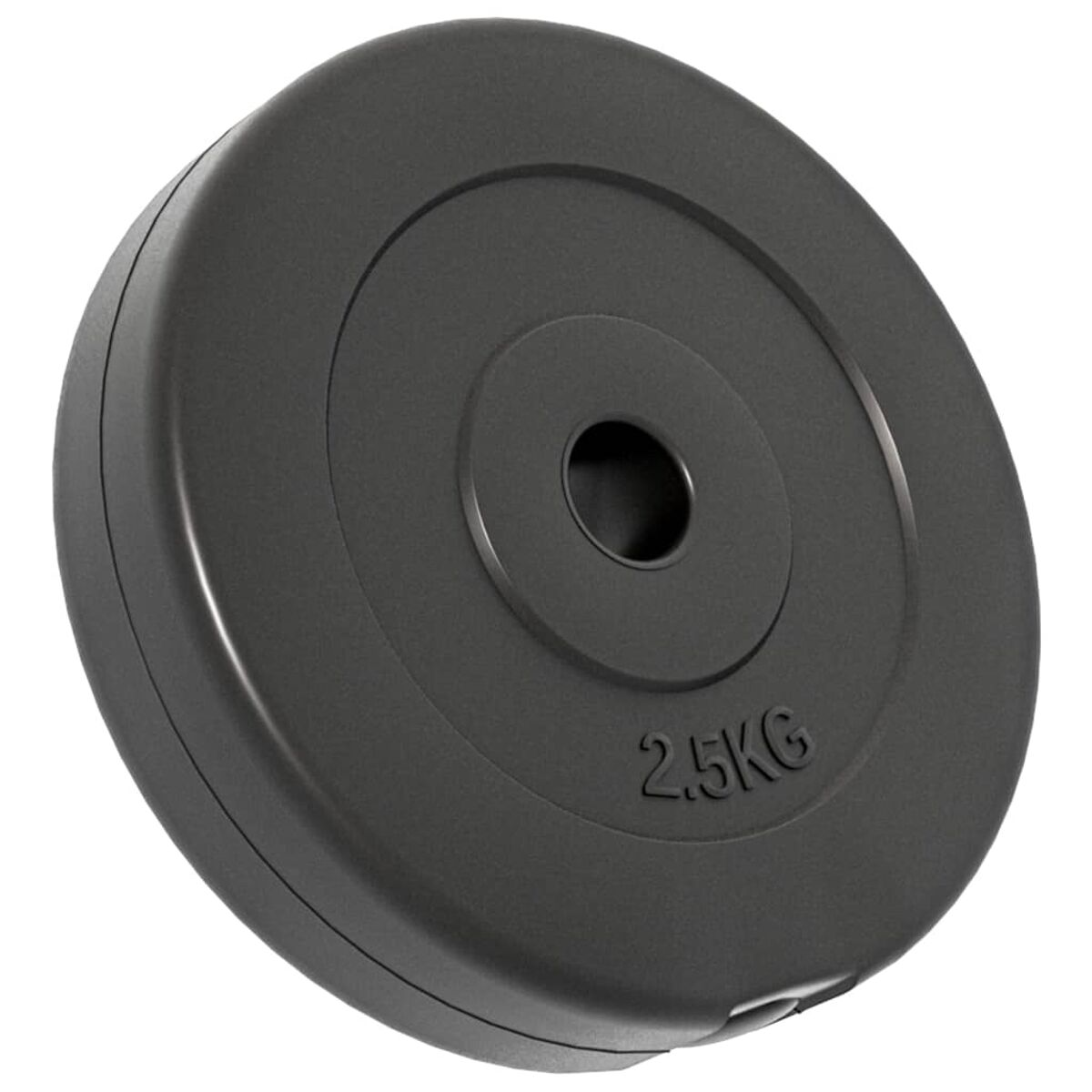 Eine 2,5 kg schwere Hantelscheibe. Sie ist dunkelgrau, kreisförmig und hat den Text '2,5KG'.