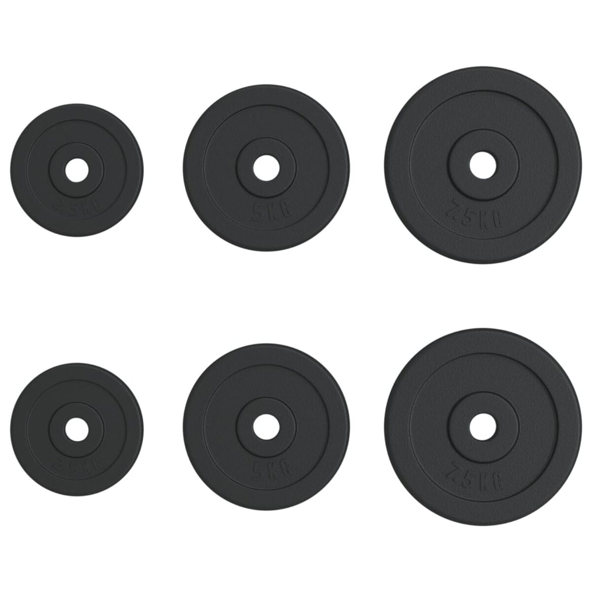 Satz von sechs schwarzen Gewichtsplatten. Platten sind rund und haben Gewichtsmarkierungen.