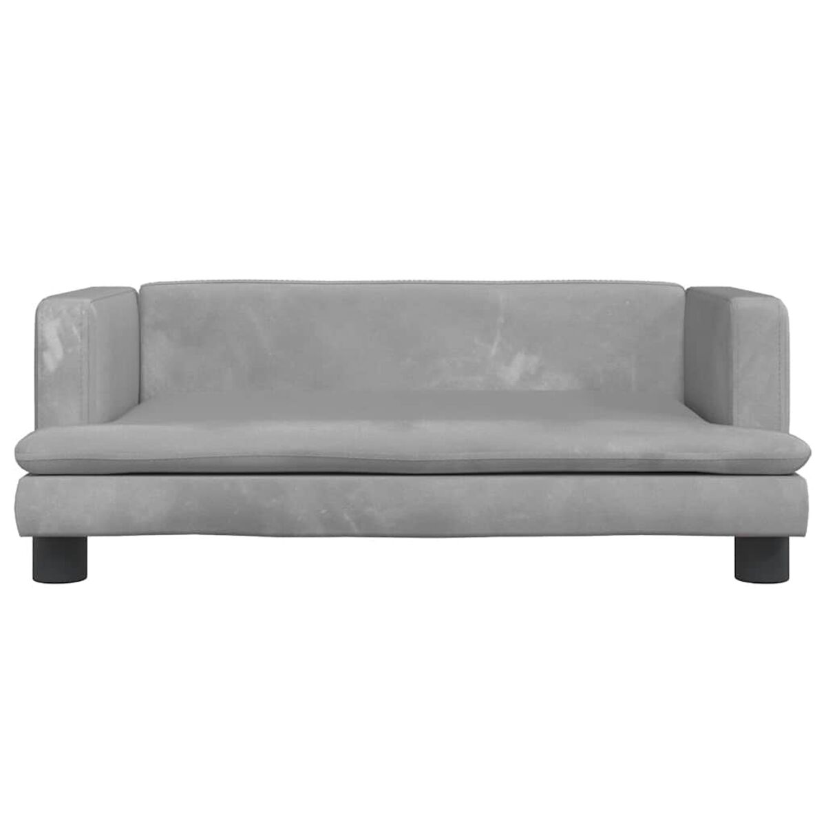 Graues Sofa mit schwarzen Beinen, von vorne gesehen, vor weißem Hintergrund.