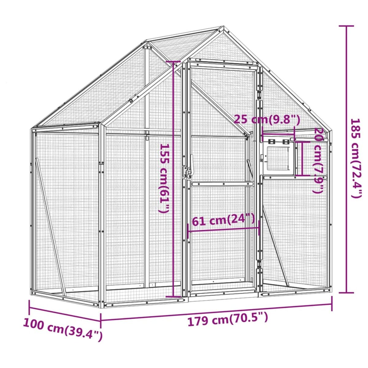 Ein Metall-Gewächshaus mit Maßen. Es hat eine Tür und ein Fenster. Das Gewächshaus ist transparent.