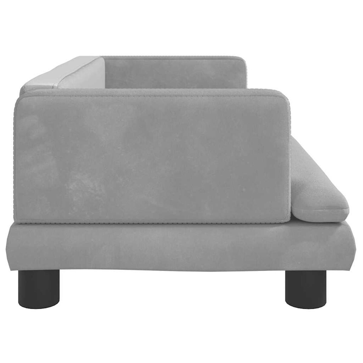 Graues Sofa, Seitenansicht, mit schwarzen Beinen. Einfaches Design. Neutraler Hintergrund.