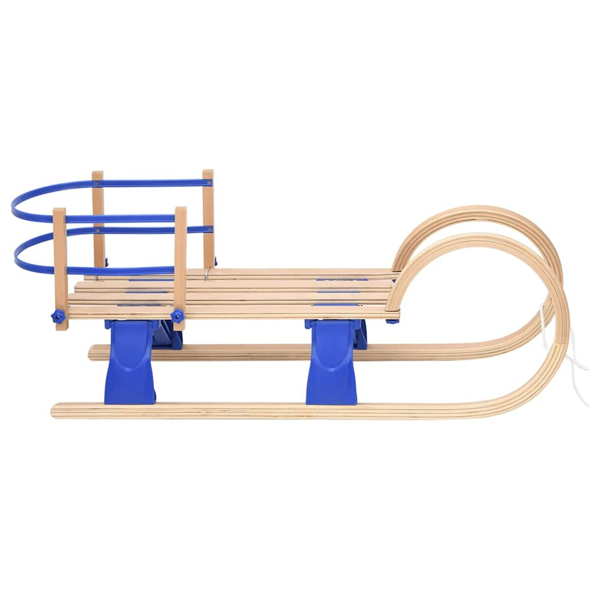 Slitta in legno con dettagli blu. Include uno schienale e guide curve.