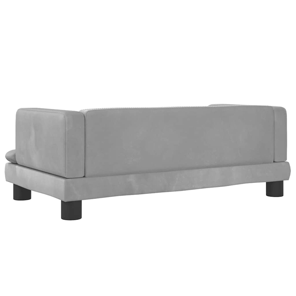 Graues Sofa. Das Sofa ist kastenförmig, mit dunklen Beinen. Die Rückenlehne ist gerade und die Kissen sind glatt.