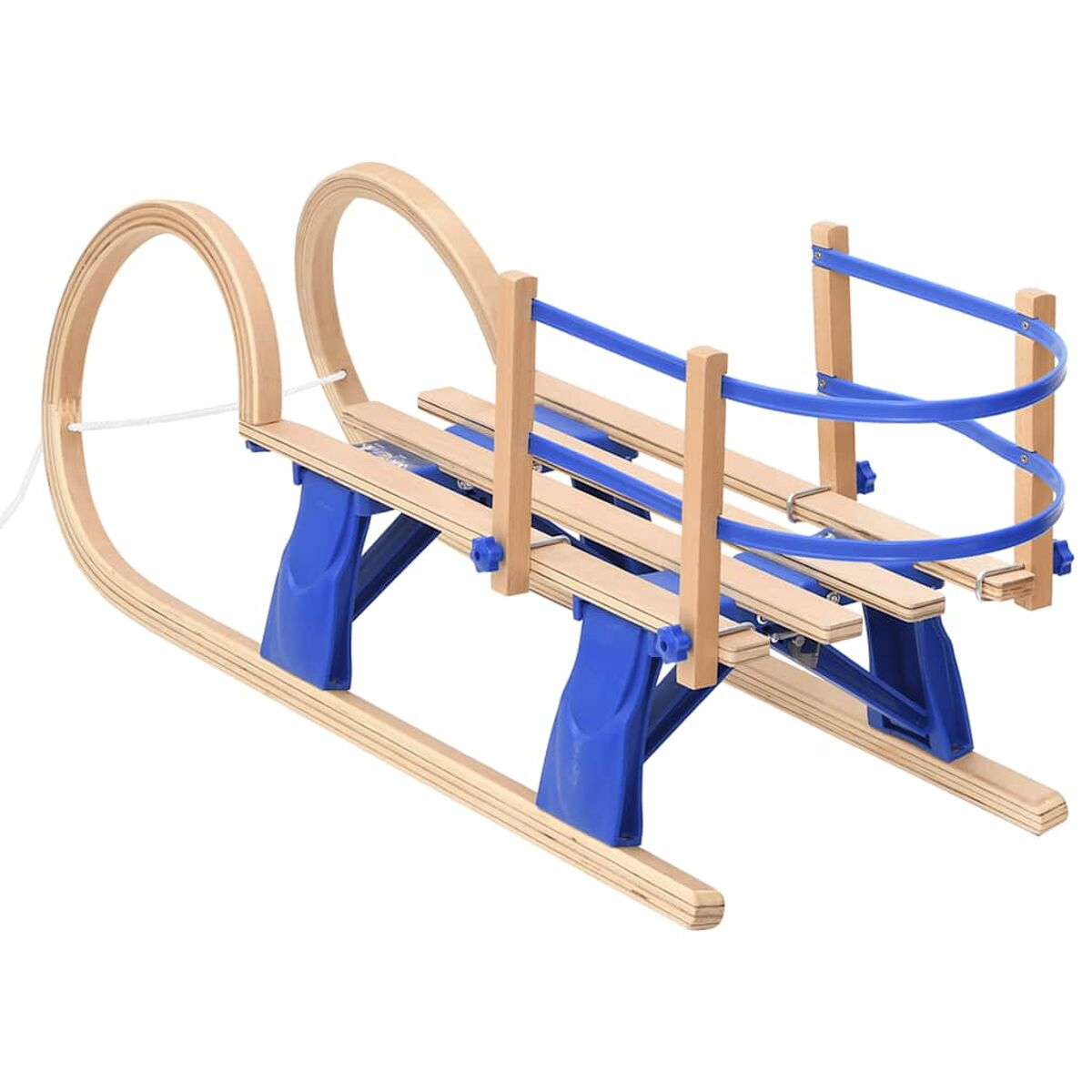 Slitta in legno con accenti blu. Curvata. Corda bianca attaccata.