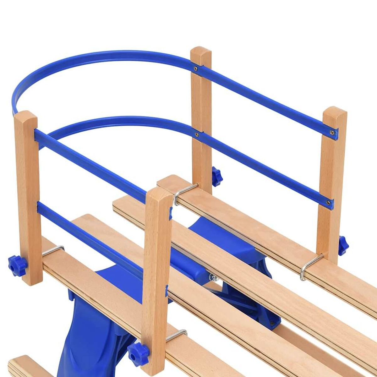 Struttura letto in legno con sponde di sicurezza blu.