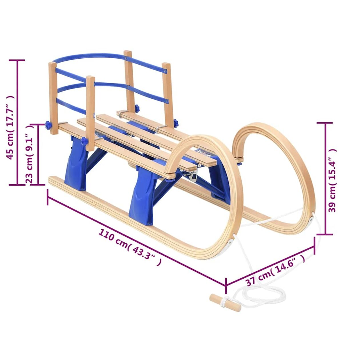Slitta in legno con dettagli blu. Ha una corda e dimensioni su sfondo bianco.
