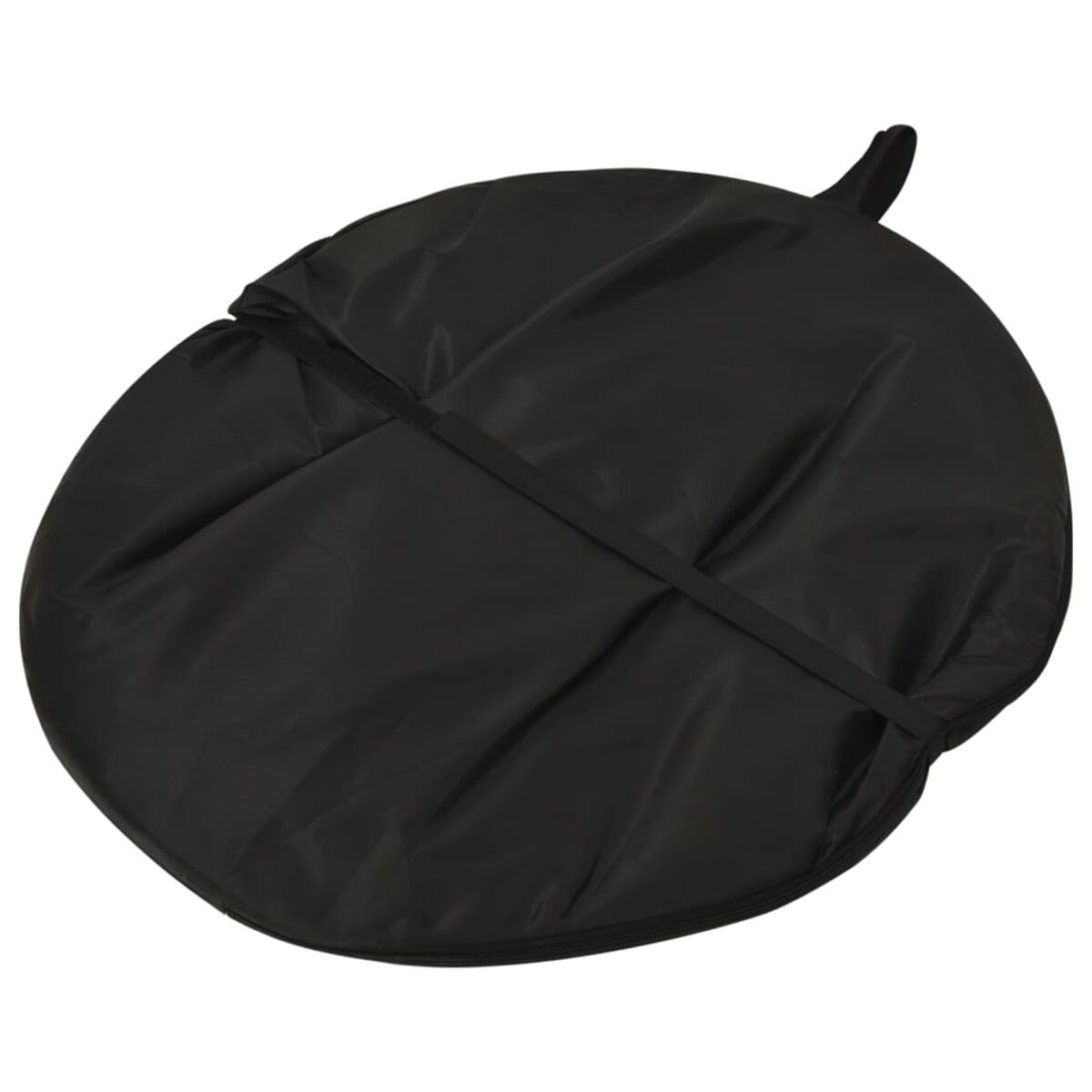 Eine schwarze, gefaltete, kreisförmige Pop-up-Aufbewahrungstasche.