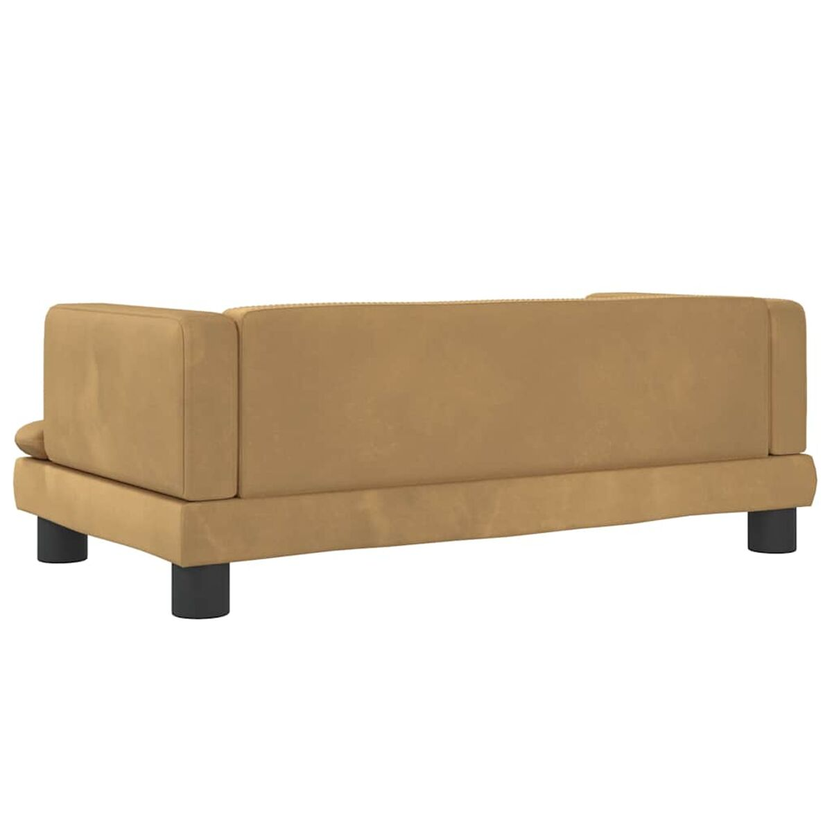 Hellbraunes Sofa, Seitenansicht, mit schwarzen Beinen. Einfaches Design mit blockartiger Form.