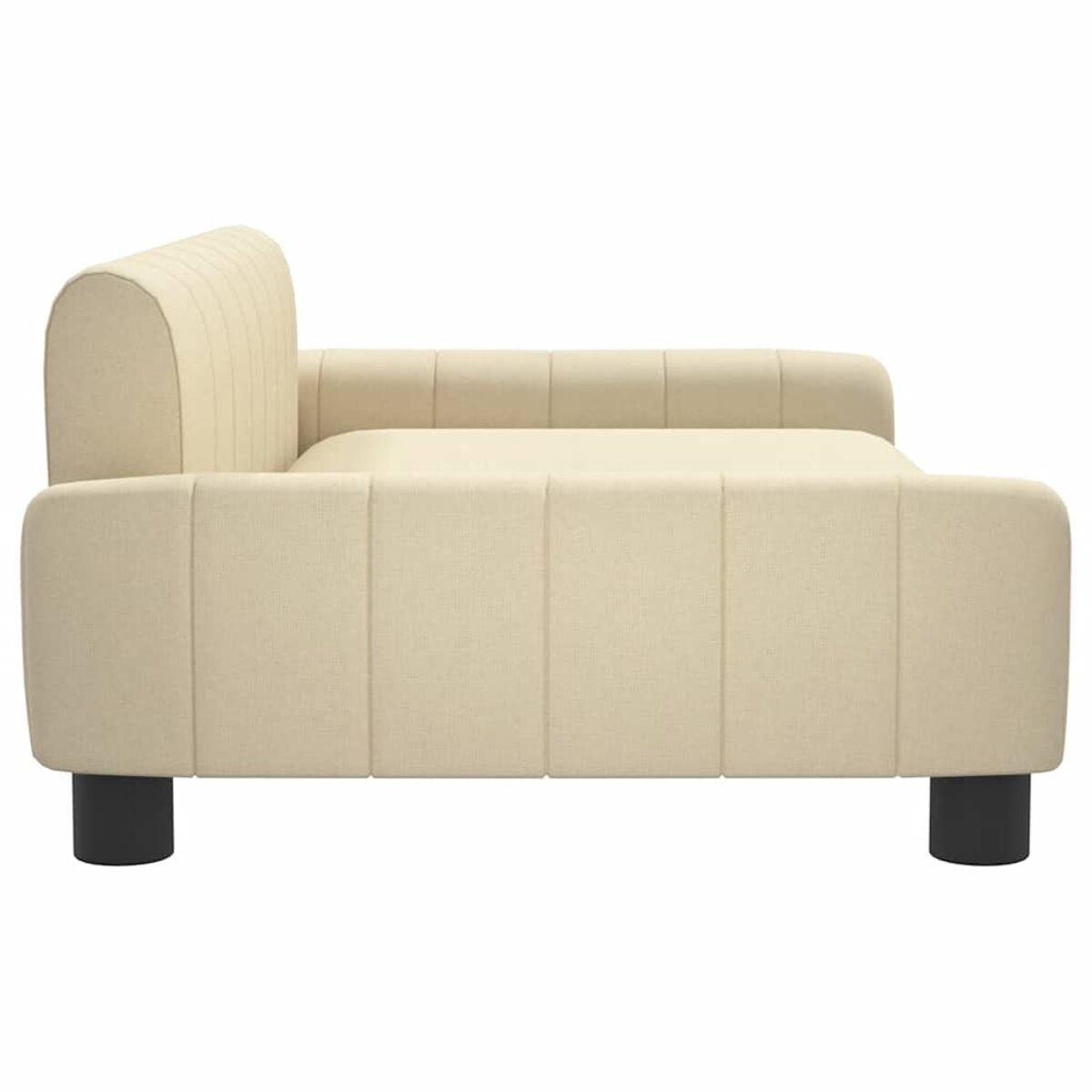 Beige Stoffcouch mit schwarzen Beinen. Die Couch hat ein schlichtes, modernes Design. Die Couch befindet sich vor weißem Hintergrund.