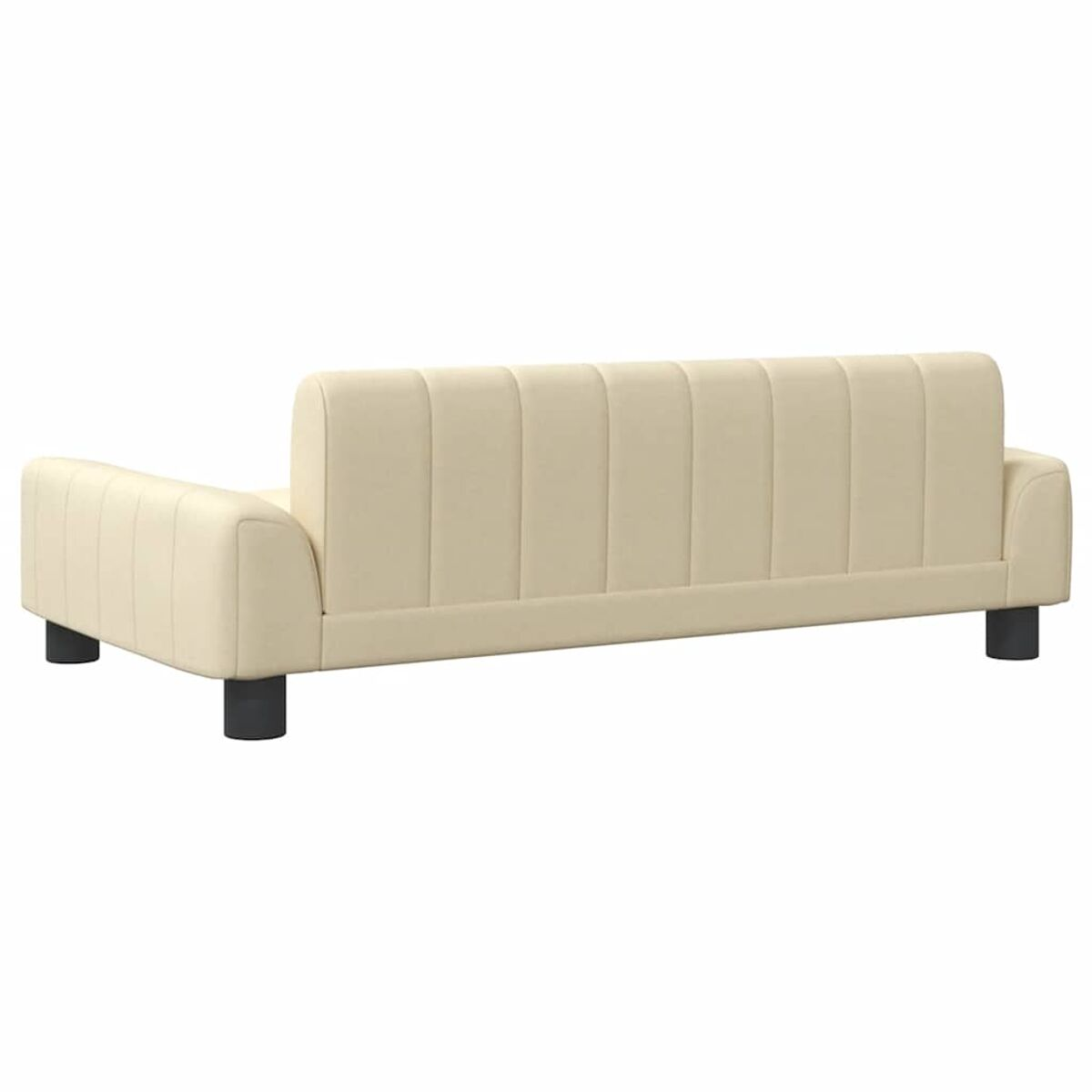 Cremefarbenes Sofa mit schwarzen Beinen und hoher, vertikaler Rückenlehne.