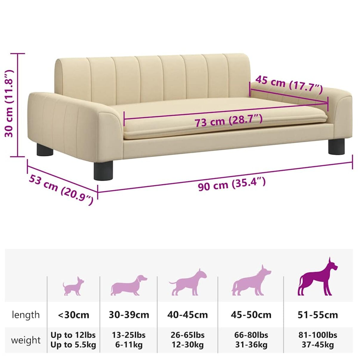 Ein cremefarbenes Hundesofa mit schwarzen Beinen. Es hat die im Bild gezeigten Abmessungen. Weißer Hintergrund.