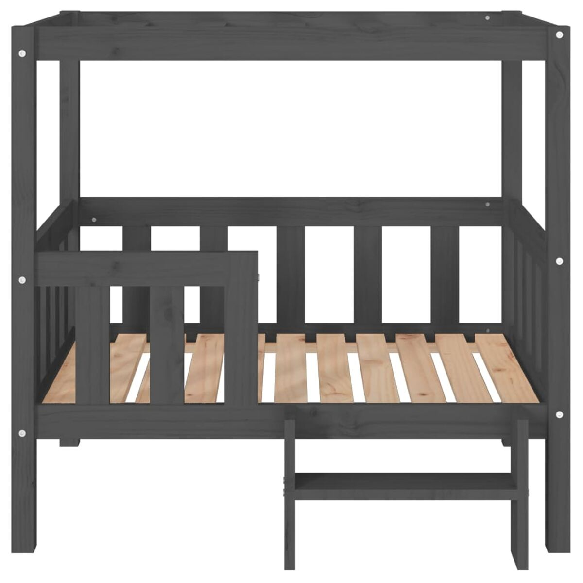 Ein dunkelgrauer Holzbettenrahmen mit einer Leiter. Das Bett hat einen Holzsockel und Geländer.