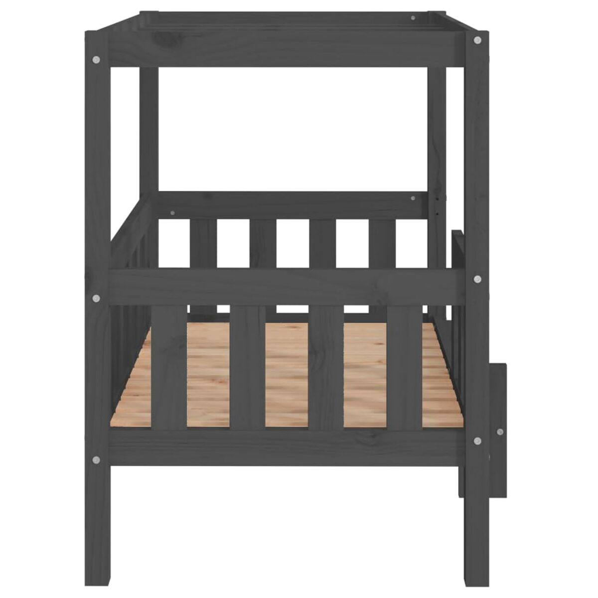 Holzbettrahmen mit grau lackiertem Finish, hausförmiger Oberseite und weißem Hintergrund.