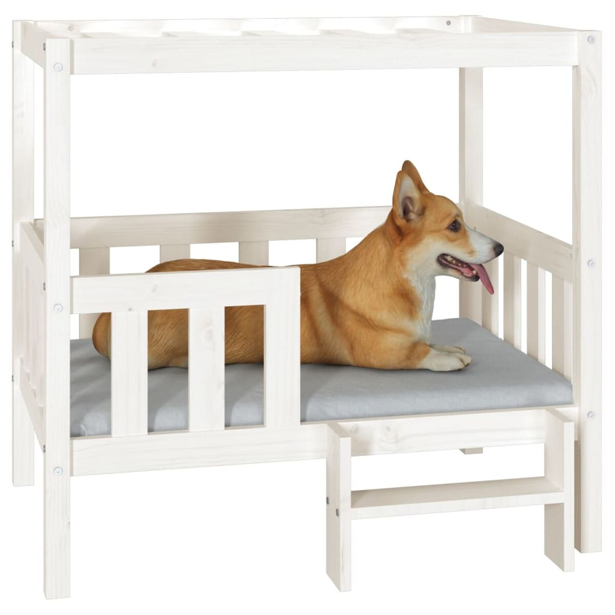 Hundebett aus Holz mit einem Hund darin. Es hat ein graues Kissen.