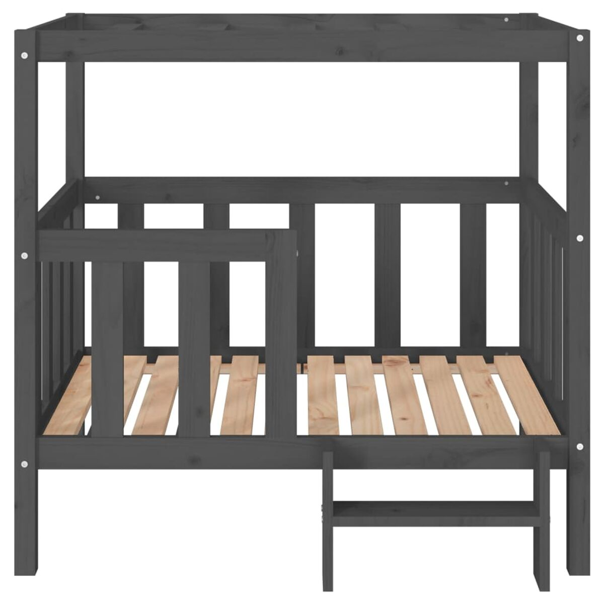 Grauer Holzbettenrahmen mit kleiner Stufe. Das Bett ist dunkelgrau gestrichen.