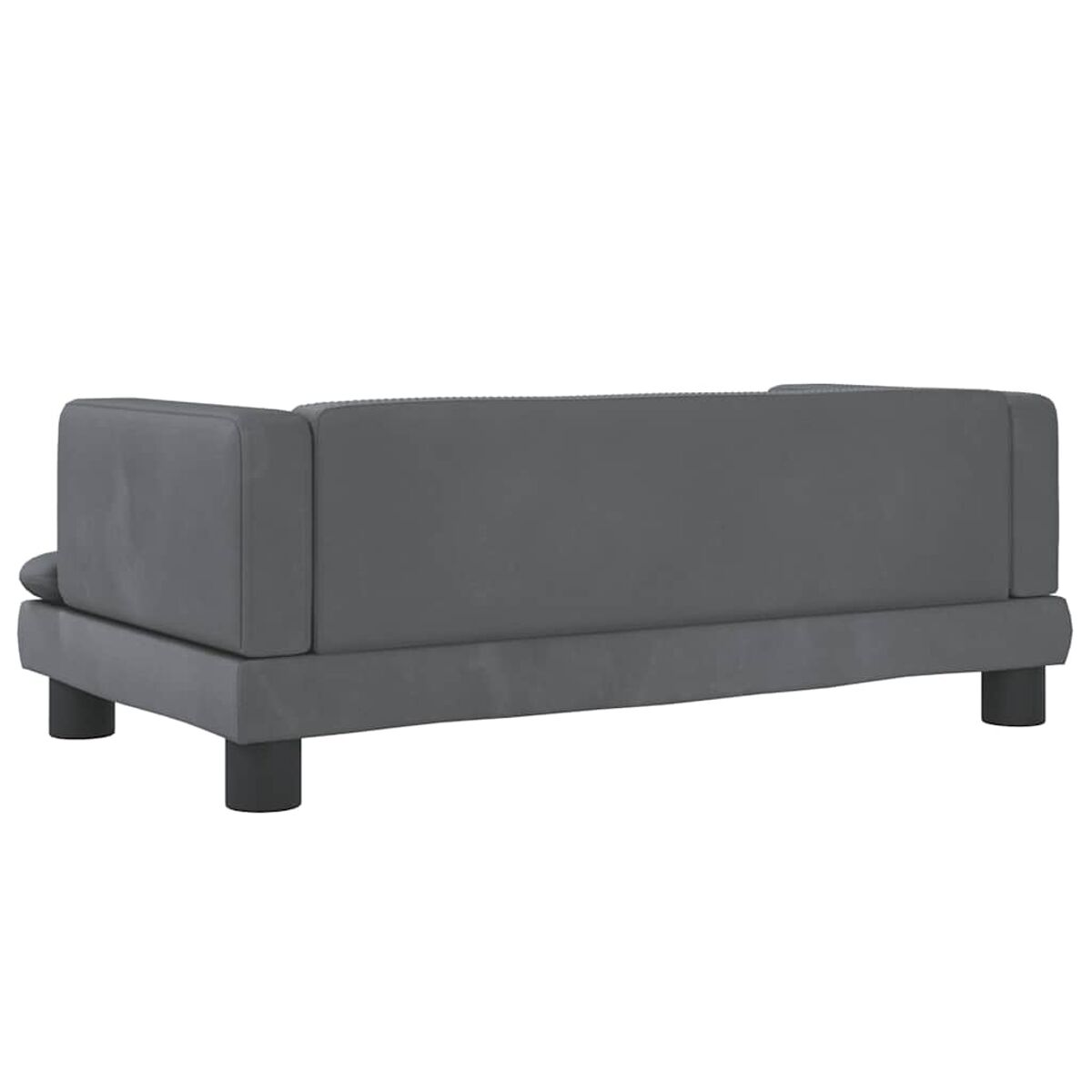 Rückansicht eines grauen Sofas mit schwarzen Beinen.