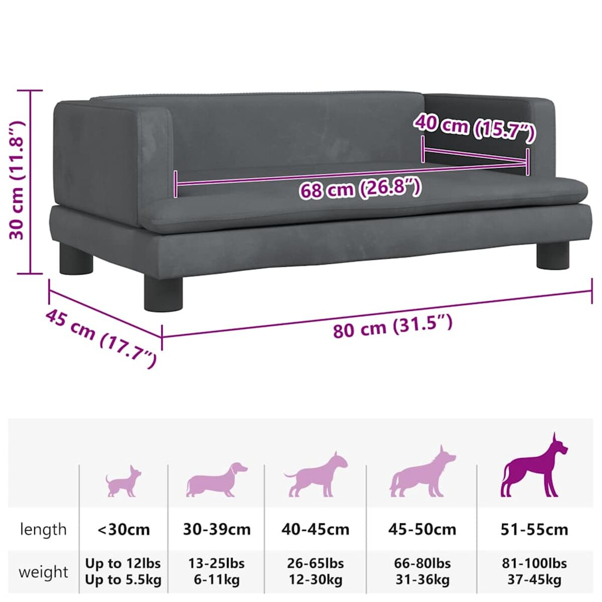 Graues Sofa mit Maßangaben. Das Sofa hat ein modernes Design.