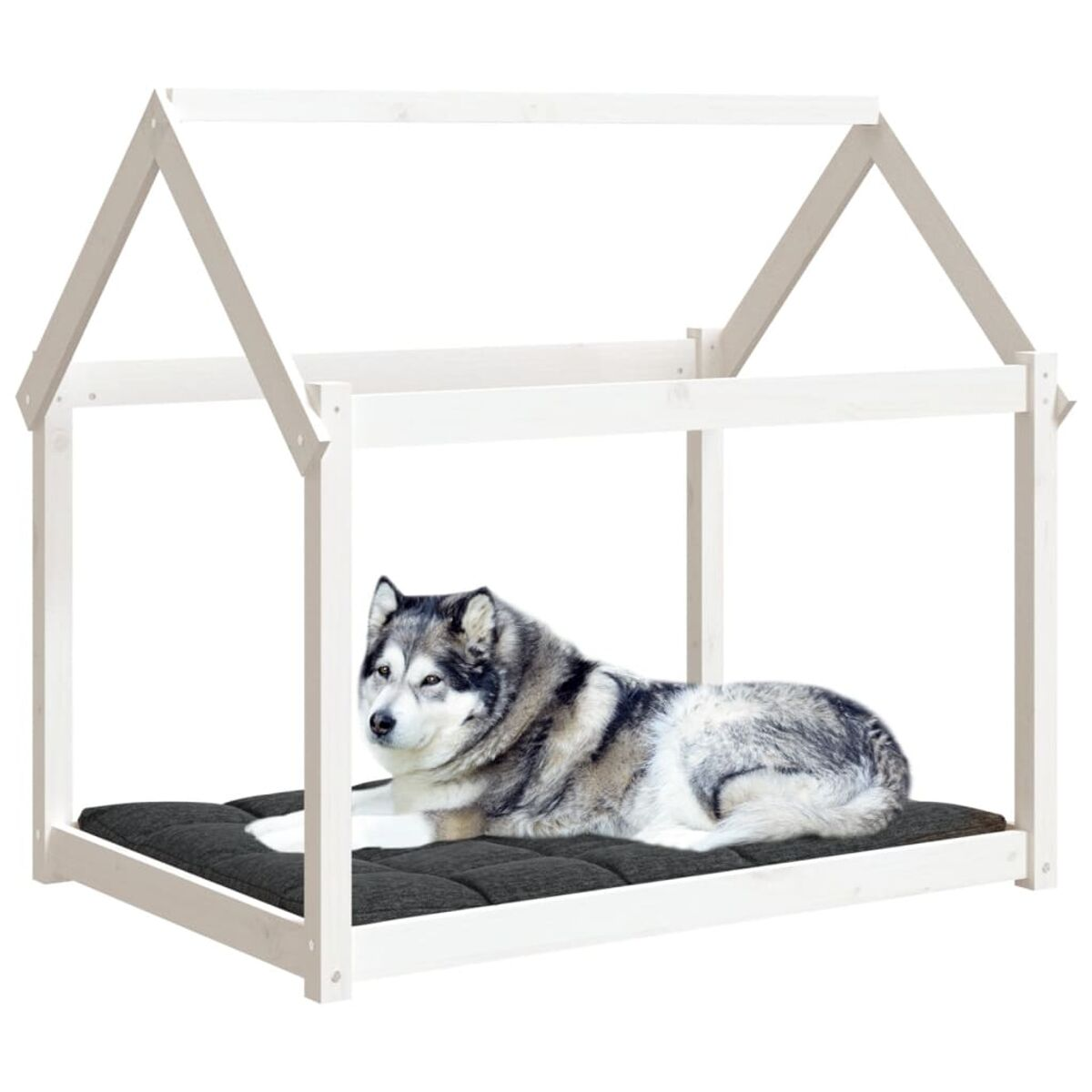 Weißes Hundehäuschen mit einem Hund darin. Der Hund ist schwarz und weiß.