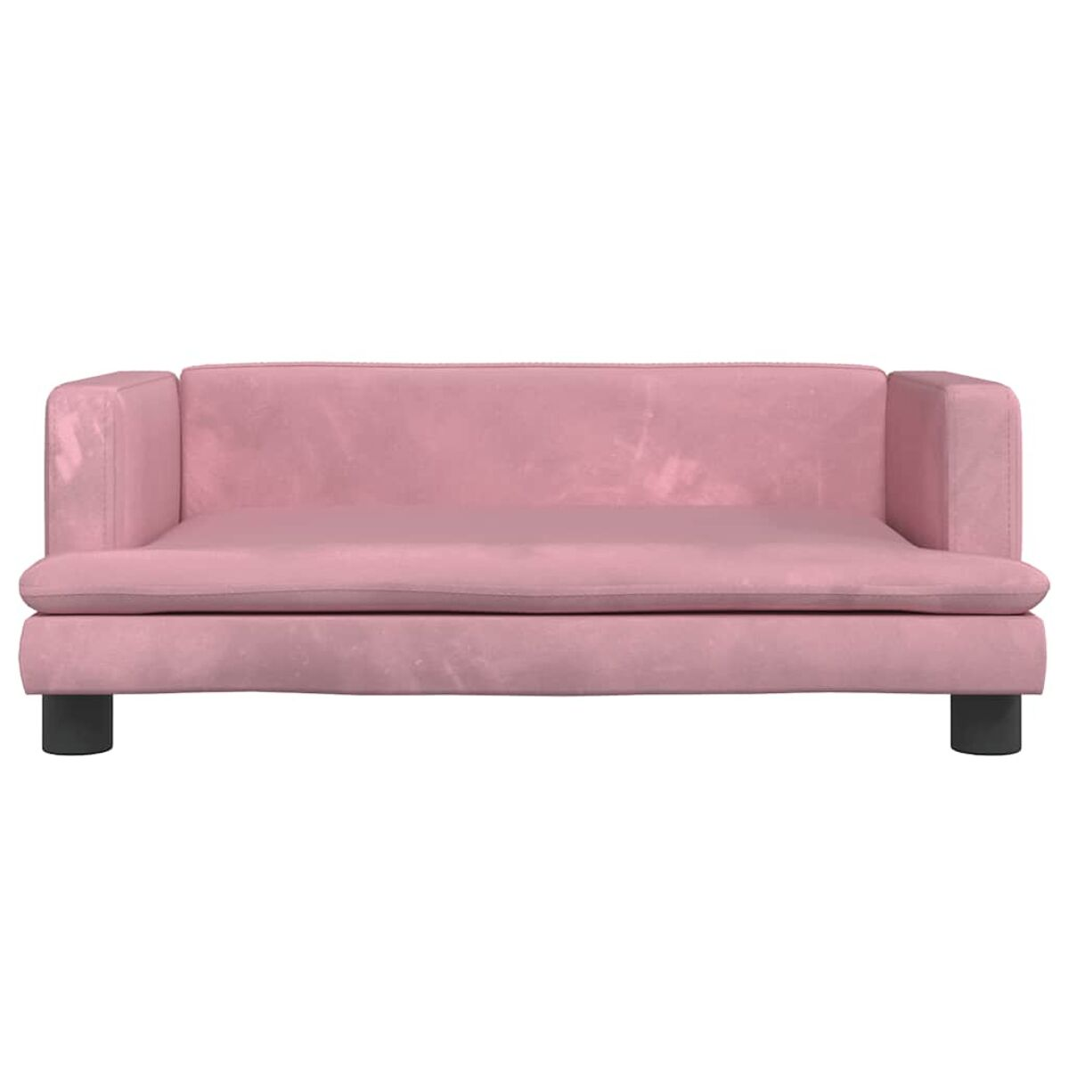 Rosa Sofa mit zwei schwarzen Beinen. Das Sofa ist niedrig und hat ein schlichtes Design.